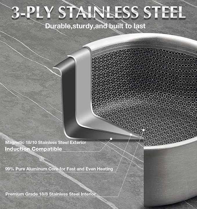 KOCH SYSTEME CS Hybrid Nonstick Stainless Steel Sauce Pan with Steamer Insert, 18/10 Steel 2QT Sauce Pan with Lid, Triple Stainless Steel Pot with Honeycomb Interior, Induction Compatible & Oven Safe