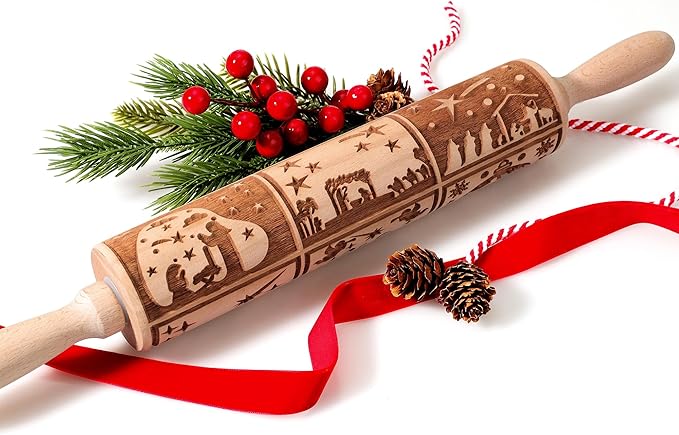 17" Premium Wooden Rolling Pins for Baking with Nativity Embossed Designs | 3mm Deep Springerle Cookie Molds | Christmas Rolling Pin & Baking Gifts for Women | Includes 3-in-1 Cleaning Brush ﻿