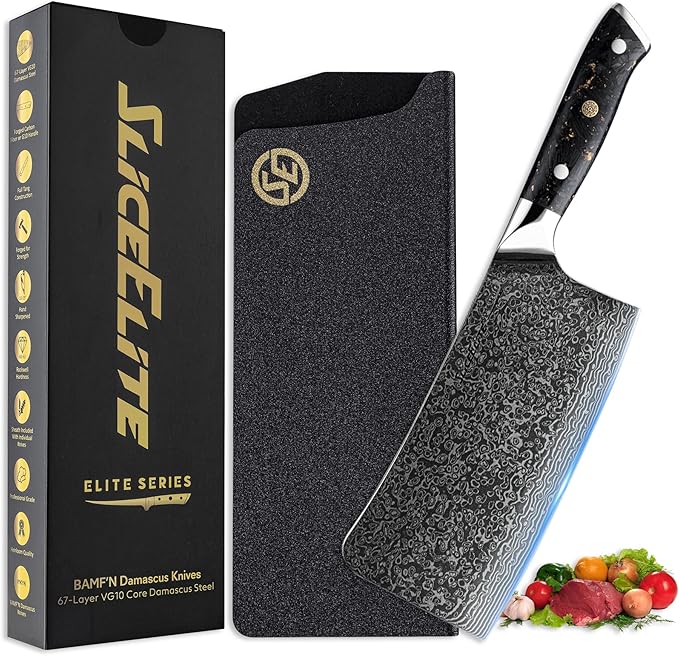 SliceElite Elite Series 7-Inch Damascus Bone Cutting Knife – VG10 Steel Blade with Forged Carbon Fiber Handle Infused with Gold Leaf, Sheaths Option (Bone Cutting Knife)