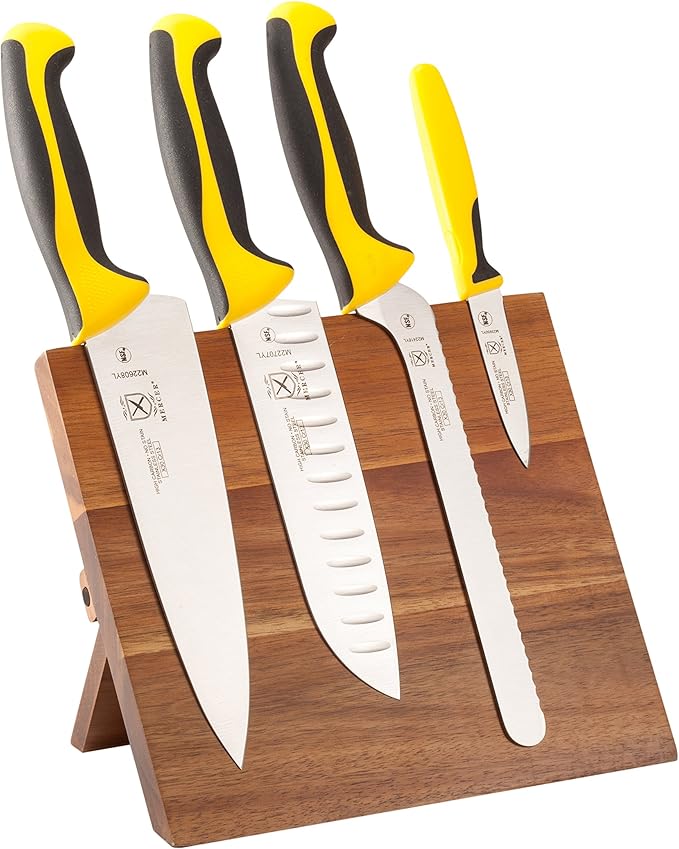 Mercer Culinary Millennia Colors 5-Piece Magnetic Board Set with Yellow Handles, Acacia