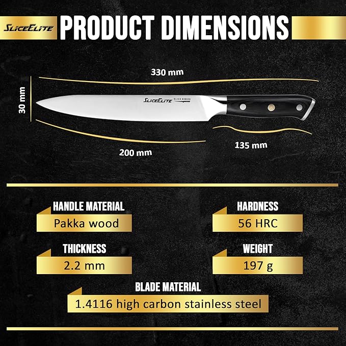 SliceElite Slice Series 8 Inch Carving Knife High Carbon German Stainless Steel Pakkawood Handle Brisket Slicer Chopper BBQ Chef Sharp Fruit Vegetable Butcher Kitchen Cutting Meat Tool Gift Precision