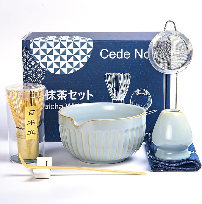 Matcha Whisk Set, Japanese Tea Ceremony Kit, 18oz Spout Bowl, Bamboo Whisk Scoop, Ceramic Holder Sifter Towel,7 pcs Matcha Tea Kit for Matcha Lovers, Christmas, Birthday Gift(Sky Blue)