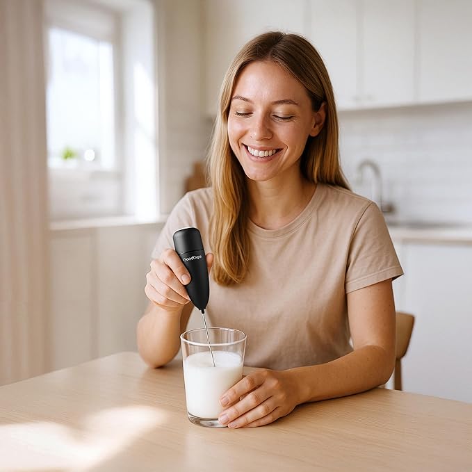 Milk Frother Handheld – Electric Foam Maker Wand with Stainless Steel Whisk – Battery Powered Mini Mixer for Coffee, Matcha, Lattes & Cappuccinos, Black