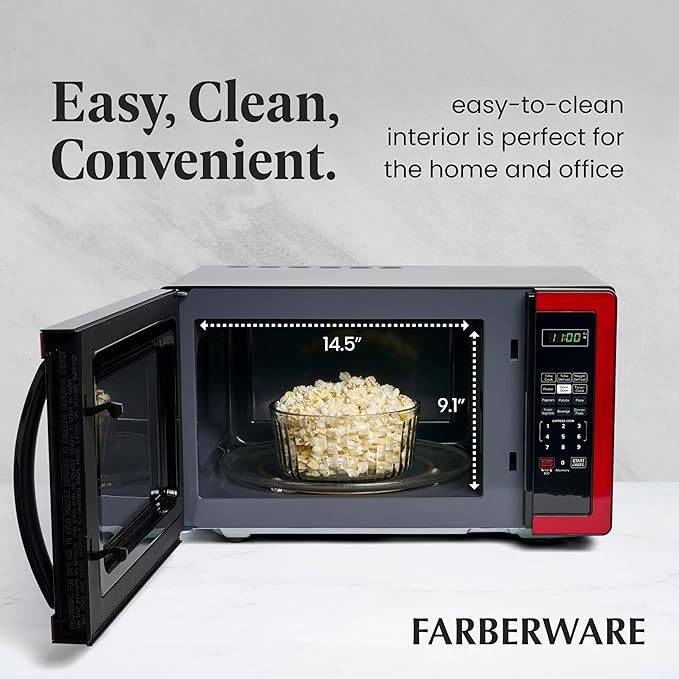 Farberware 1.1 Cu. Ft. Countertop Microwave Oven – 1000 Watts Power, Auto Cook Settings, Defrost, Easy Clean and Child Safety Lock - Metallic Red