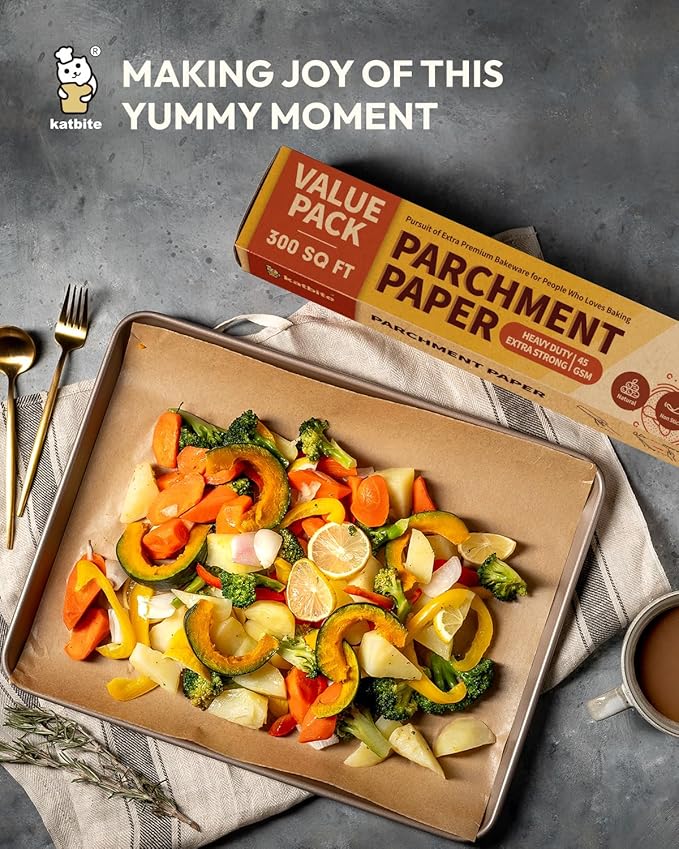 Katbite Unbleached Parchment Paper Roll, 15in x 242ft, 300 Sq.Ft, Non-Stick with Serrated Cutter for Baking, Cooking, Air Fryer