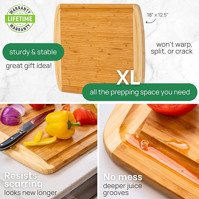 Organic Extra Large Bamboo Cutting Board with Lifetime Replacements –18 x 12 Inch Reversible Wooden Kitchen Chopping Board with Juice Groove – Used to Chop, Slice, Carve & Serve – by Greener Chef