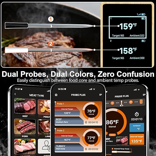 Niitawm Bamboo Dual Probe Wireless Meat Thermometer, Bluetooth Meat Thermometer Digital Wireless App, Long Range Temp Air Fryer Thermometer, Oven Thermometer, Food Grilling Accessories, Cooking Gifts