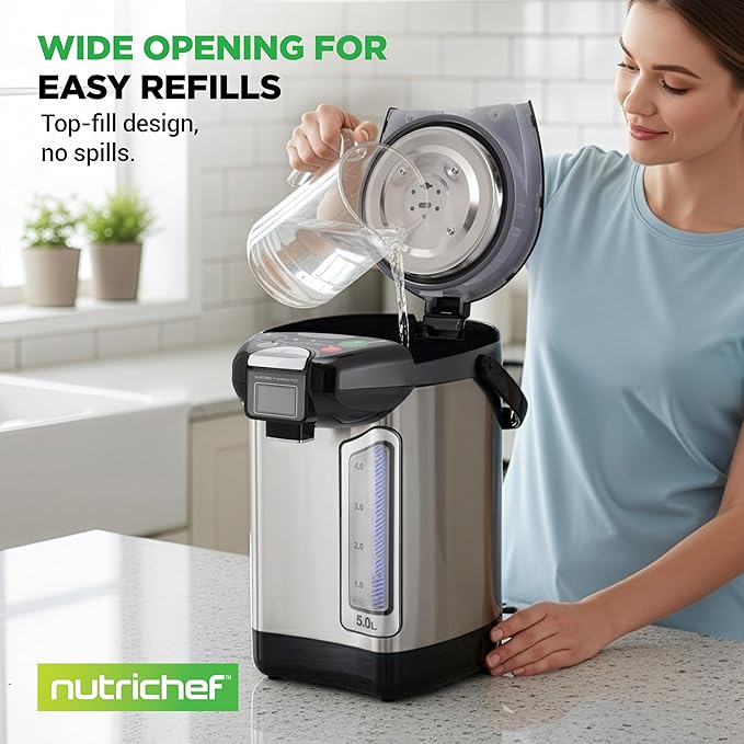 NutriChef Digital Water Boiler and Warmer - 5L/5.28 Qt Stainless Electric Hot Water Dispenser w/LCD Display, Rotating Base, Keep Warm, Auto Shut Off, Safety Lock, Instant Heating for Coffee & Tea