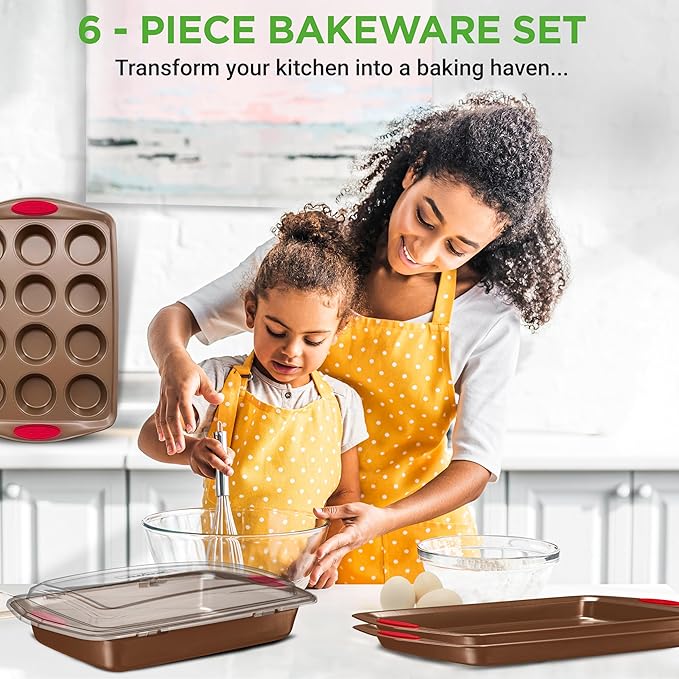NutriChef 6-Piece Bakeware Set - Carbon Steel Stackable Bakeware with Red Silicone Handles & Nonstick Coating, Includes Cookie Sheets, Roaster Pan with Lid, Loaf, and 12 Cup Muffin Pan (Gold)