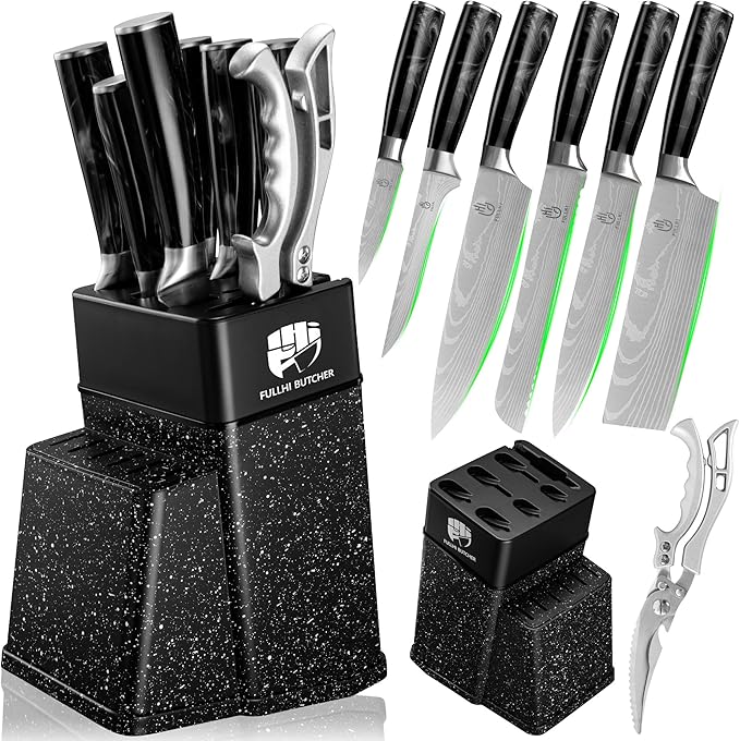 FULLHI 8pcs block Knife Set,chef's Knves Set with Block and Sharpener, Kitchen Knife Set,Multi-colour Handle, Gifts for Men Women