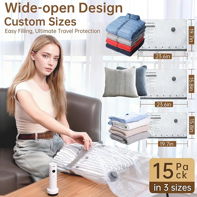 Vacuum Bags for Travel with Wireless Rechargeable Pump, 18 Pack Carry-on Size Compression Packing Seal Bags for Luggage and Suitcase, Space Saver Vacuum Storage Bags for Clothes and Clothing Travel