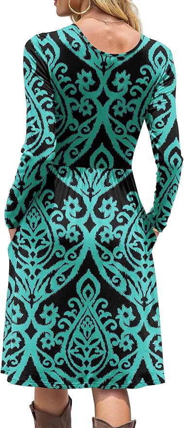DB MOON Women Casual Long Sleeve Dresses Empire Waist Knee Length Loose Dress with Pockets