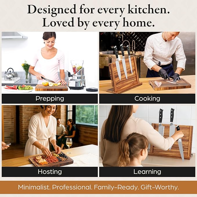 3 in 1 Magnetic Knife Block Stand - Wooden Magnetic Knife Holder with Strong Magnets, 14"x10" Cutting Board, Knife Sharpener - Acacia Display Holder Double Sided Storage Rack Magnets for Knives