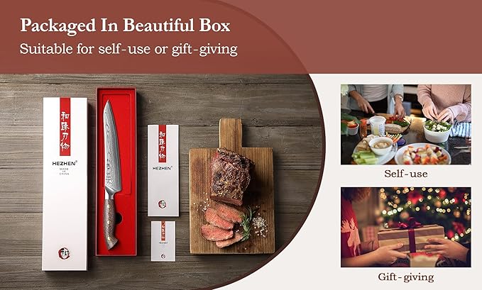 HEZHEN Carving Knife, 67 Layers Damascus Steel BBQ Slicing, 8.3 Inches, Professional Brisket Slicing Meat Knife, Ergonomic Micarta Handle, Gift Packing