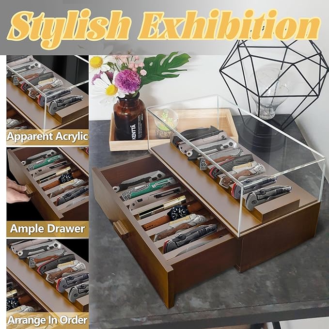 Knife Display Case,2 Tier Wooden Pocket Knife Collection Case with Acrylic Lid, Pocket Knife Storage Drawer Organizer, Walnut
