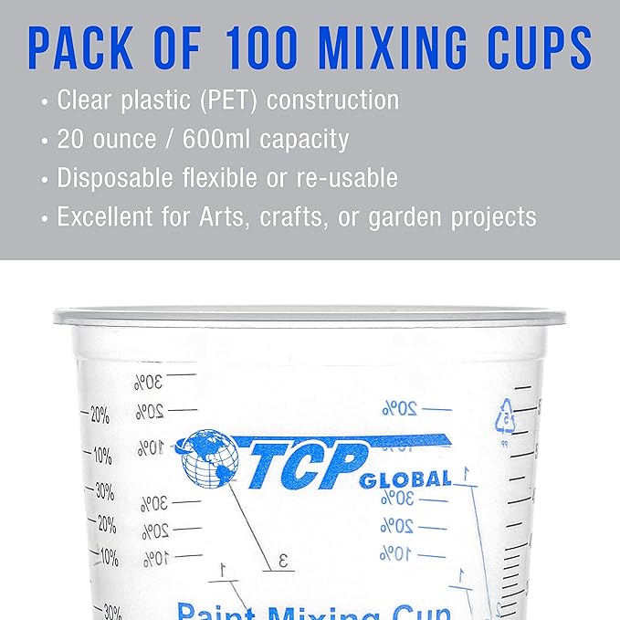 TCP Global 20 oz. (600ml) Graduated Plastic Mixing Cups - Box of 100 with 50 Mixing Sticks - Disposable Plastic Measuring Cups for Liquids, Paints, Resin, Epoxy, Art, Kitchen - Ratios 2-1, 3-1, 4-1 ML