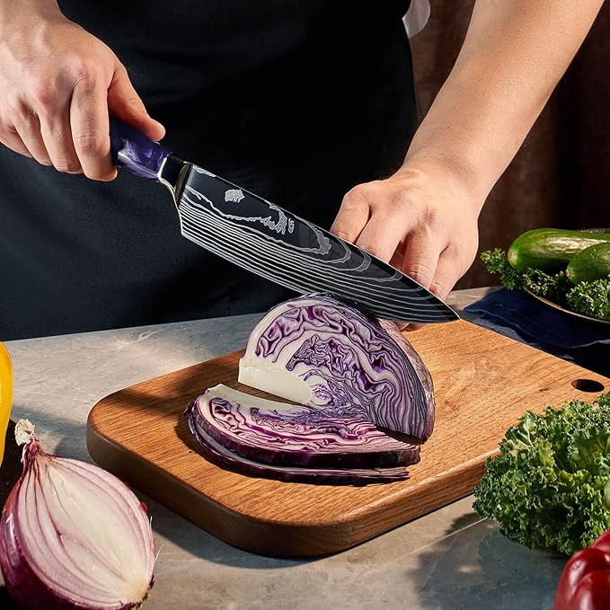 SENKEN 16-Piece Kitchen Knife Block Set - Japanese Chef's Knife Set with Laser Damascus Pattern, Includes 6 Steak Knives and Smoothly-Finished Acacia Hardwood Knife Block (Purple Resin Handles)