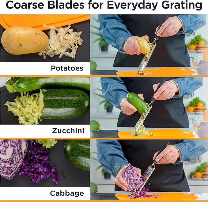 Deiss PRO Coarse Grater & Hand Held Cheese Grater - Sharp Stainless Steel Blades, Non-Slip Handle, Small Cheese Grater for Kitchen, Shredder, Dishwasher Safe