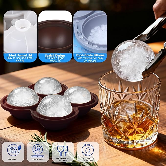 Ice ball maker mold For Whiskey And Cocktails ，2.5inch Round ice cube mold with Lids Easy Release Silicone Sphere Ice Cube Tray Perfect For Chilling Beverages Drinks And Bourbon 2PCS/8 Ice balls