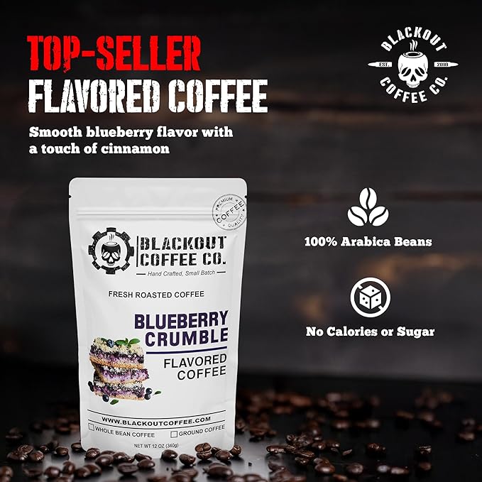 Blackout Coffee Blueberry Crumble Flavored Ground Coffee – Medium Roast, Smooth Taste, Guilt-Free Indulgence – Freshly Roasted 12oz Bag, American Made