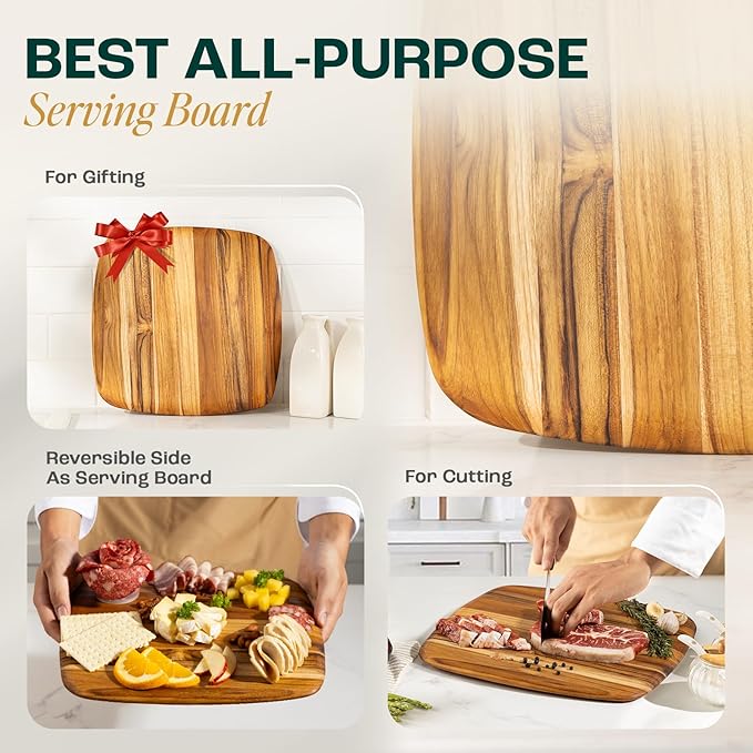 Yes4All Teak Cutting Boards for Kitchen, [12"x0.6"Thick] Easy Handle Serving Board, Pre-Oiled Teak Wood Charcuterie Board, Multipurpose use for Slicing, Serving, Decorating Wood Cutting Board