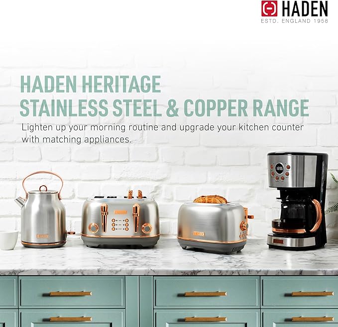 Haden Heritage 4 Slice Wide Slot Stainless Steel Toaster Bundled with 1.7 Liter Stainless Steel Electric Water Kettle, Steel & Copper