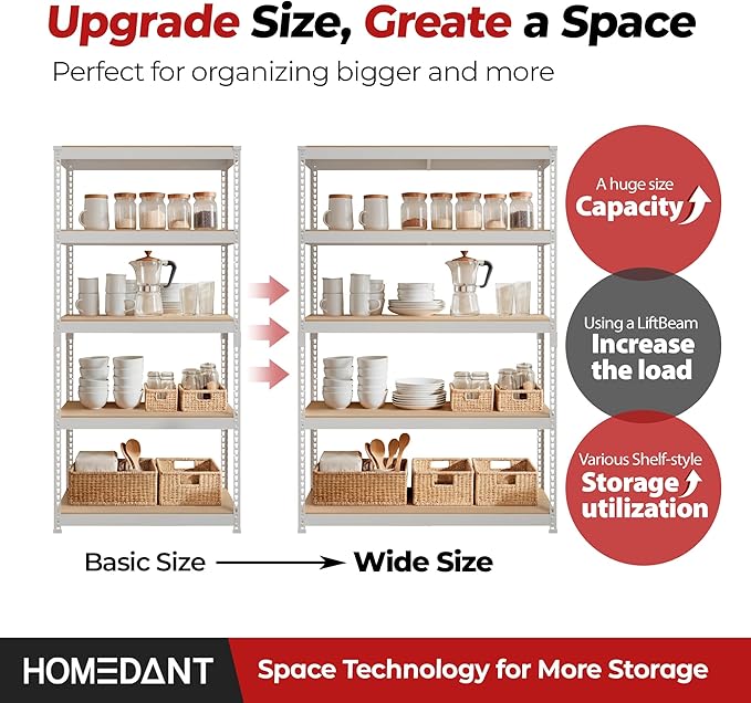 HOMEDANT White 5 Tier Laminated Boltless Heavy Duty Garage Storage Adjustable Wide Size Metal Shelving Unit Utility Rack Shelves Organization Shelf Shed Warehouse 47.7" W x 24.1" D x 71.3" H 2Pack