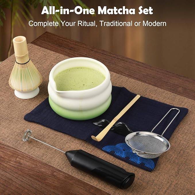 Matcha Whisk Set with Electric Frother – 8Pcs Tea Set with Matcha Bowl, Bamboo Whisk & Holder, Scoop, Scoop Rest,Sifter&Tea Towel–Traditional & Modern Matcha Kit for Ceremony,Lattes & Gifts – Green