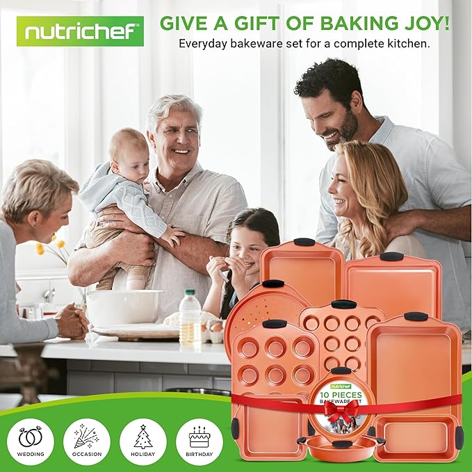NutriChef 10-Piece Nonstick Baking Pans Set – Bakeware Sets for Cookies, Cakes, & Roasting - Bakeware Includes Cookie Sheet, Muffin Pan, Cake Pan, & Pizza Pans