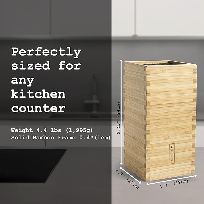 KAIZEN Bamboo Knife Block Without Knives - Perfectly Sized Universal Knife Holder for Knives, Scissors - Unique Knife Storage for Counter Top with Anti-Slip Base (Natural Wood)