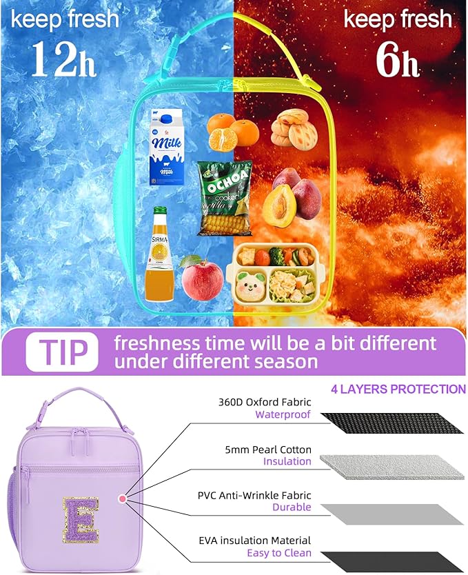 Initial Insulated Lunch Bag for Girls Kids, Back to School Gift, Reusable Leak-proof Lunch Box with Adjustable Strap for School Daycare Travel Picnic (Purple,E)