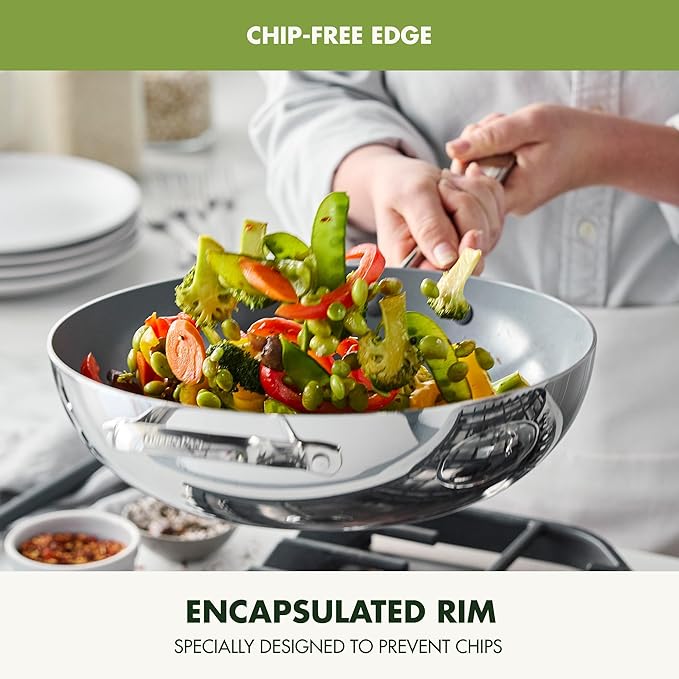 GreenPan Valencia Pro Tri-Ply Stainless Steel 12” Wok with Lid, Ceramic Nonstick PFAS-Free Coating, Multi Clad Cookware, Induction, Dishwasher Safe, Oven and Broiler Safe