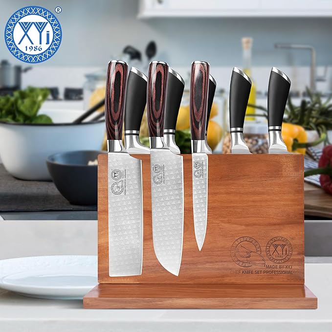 XYJ Magnetic Knife Block Holder Rack Acacia Wood Magnetic Stands with Strong Enhanced Magnets Multifunctional Knife Holder Kitchen Storage Organizer Tool Accessories