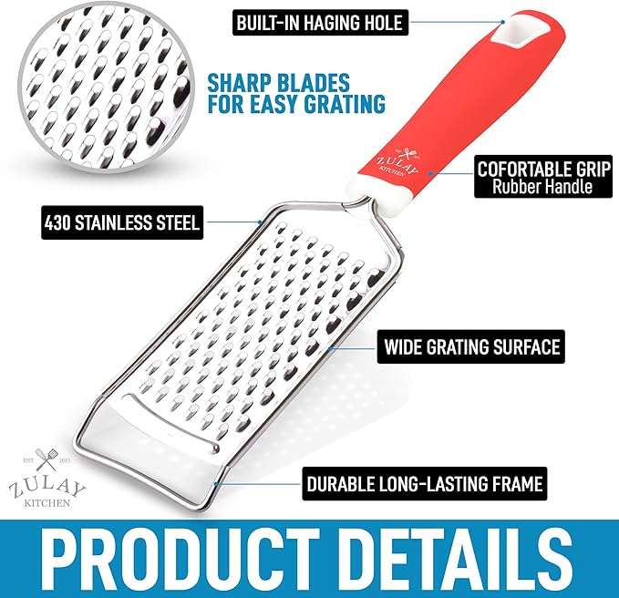 Zulay Kitchen Professional Cheese Grater Stainless Steel - Durable Rust-Proof Metal Lemon Zester Grater With Handle - Flat Handheld Grater For Cheese, Chocolate, Spices, And More - Red