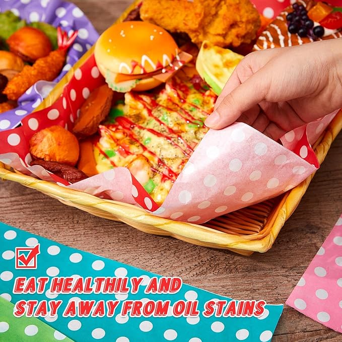 Fulmoon 600 Sheets Waxed Deli Paper Sheets for Food 12 x 12 Inch Polka Dot Dry Wax Paper Greaseproof Food Basket Liners Sandwich Wraps for Wrapping Bread Baking BBQ Picnic Party (Multicolor)