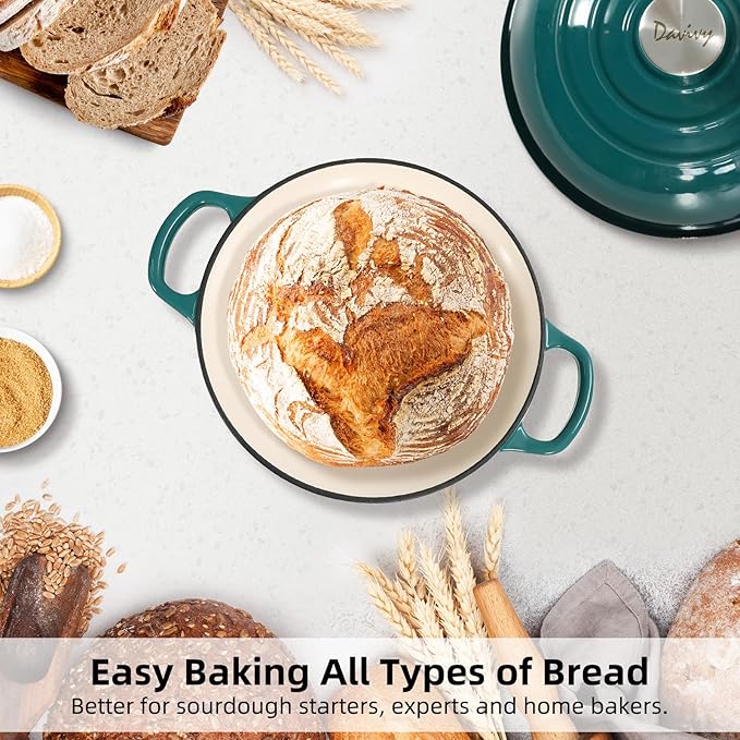 Davivy 5.5QT Cast Iron Sourdough Bread Pan with Silicone Oven Mitts, Enameled Cast Iron Bread Cloche, 10" Round Sourdough Dutch Oven with Lid, Dutch Oven for Sourdough Bread - Gradient Teal
