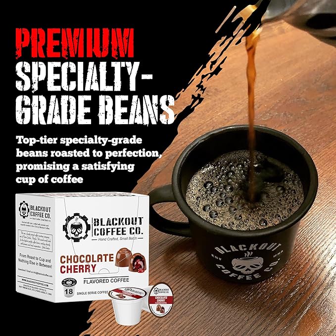 Blackout Coffee Chocolate Cherry Flavored Coffee Pods – Premium Roasted, Smooth Taste, Guilt-Free Indulgence – 18 Count Single-Serve Pods, American Made
