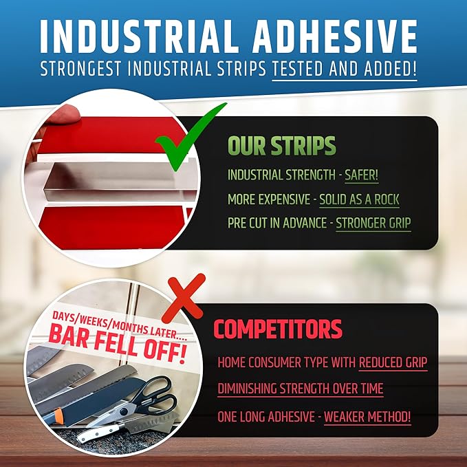 Strong Adhesive (No Drill) Magnetic Knife Holder for Wall - Professional 24 Inch Knife Strip - No Screws Needed - Adhesive Backing - Stainless Steel Knife Bar (Upgraded Version – Will Not Fall)
