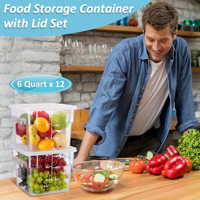 Yungyan 12 Pcs 4 Qt Commercial Food Storage Containers with Lids Restaurant Square Airtight Food Storage Containers Clear Cereal Container for Kitchen Freezer Dishwasher Pantry (White Lid)