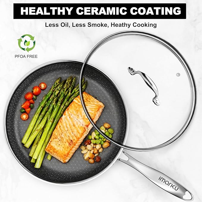 imarku Non Stick Frying Pans, 12" Stainless Steel Pan, Hybrid Skillet with Lid, Deep Larger Saute Pan, Dishwasher & Oven Safe, Induction Compatible Cooking Pan, PFOA Free