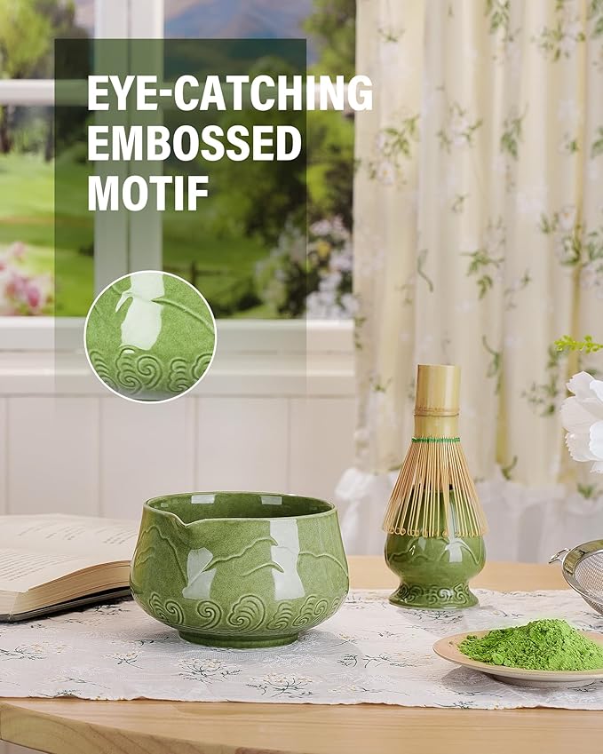 ZENS Matcha Whisk Set, 17oz Ceramic Matcha Set Includes Matcha Bowl and Matcha Cup, Bamboo Whisk & Chasen Holder, Sifter, Scoop & Tea Towel, 7pcs Matcha Kit for Matcha Latte, Emerald Green