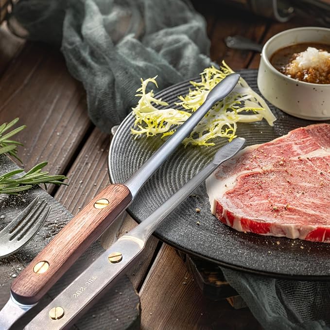 Premium Kitchen Tongs - 304 Stainless Steel & Walnut Wood, Comfortable Grip, Non-Slip Design, High Heat Resistant - Ideal for Home, Cooking, Barbecue & Frying Steak, 9-Inch, silvery