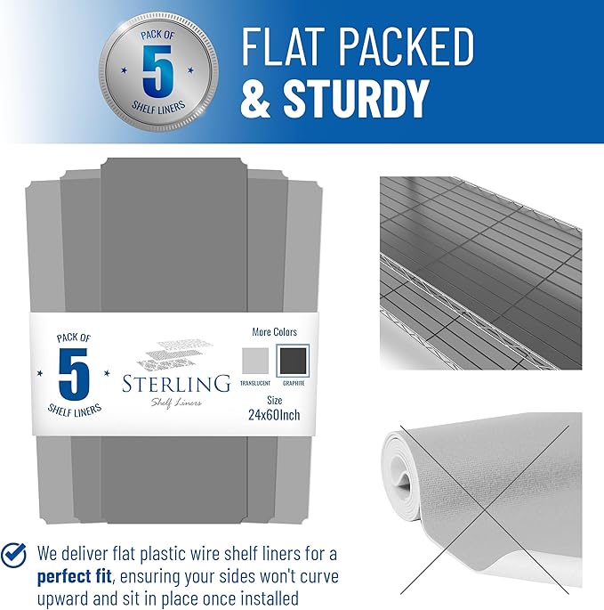 Shelf Liners for Wire Shelf System: Set of 5 in Graphite: 24 x 60 inch: Plastic Wire Shelving Shelf Mats