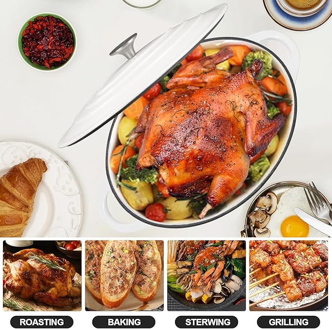 Enameled Cast Iron Oval Dutch Oven, 7 qt Oval Dutch Oven Pot with Lid and Dual Handles for Braising, for Braising, Broiling, Bread Baking, Frying, White