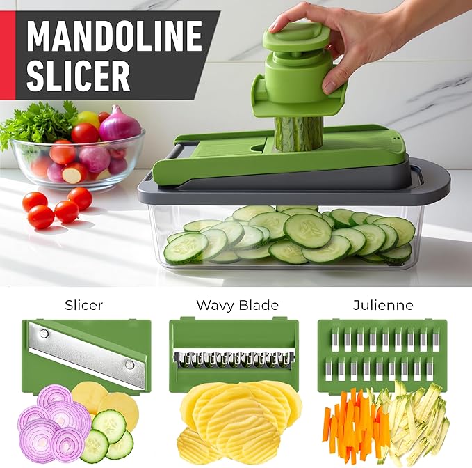 Mueller Pro-Series 10-in-1, 8 Blade Vegetable Chopper, Onion Mincer, Cutter, Dicer, Egg Slicer with Container, French Fry Cutter Potato Slicer, Home Essentials, Salad Chopper,Gray/Green