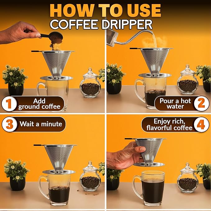 Stainless Steel Pour Over Coffee Maker With Cleaning Brush & Non-Slip Silicone Handle - 2 Cups Capacity Stainless Steel Coffee Pour Over Dripper With Secure Wide Base, Clean Flavor Paperless