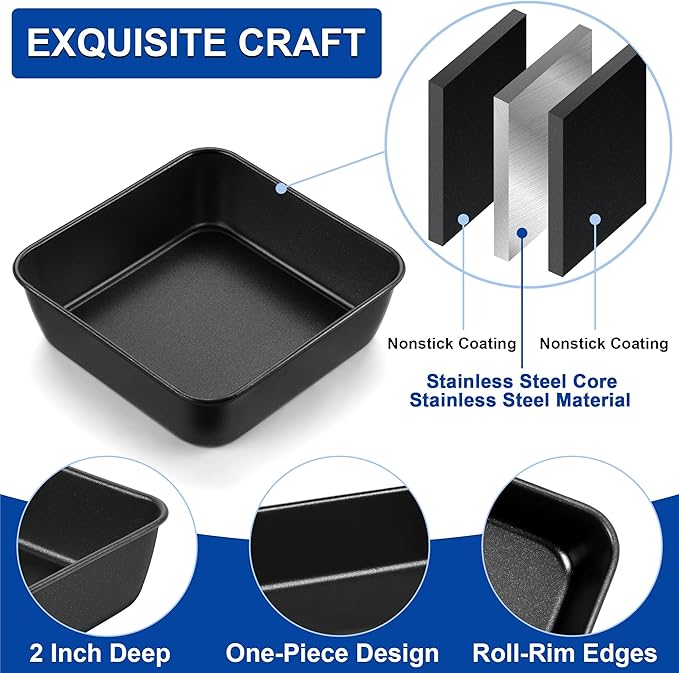 E-far 6 Inch Square Cake Pan, Nonstick Small Baking Pan with Stainless Steel Core for Brownies Lasagna Cakes, Non-toxic & Easy Clean, 2 Inch Deep (Black)