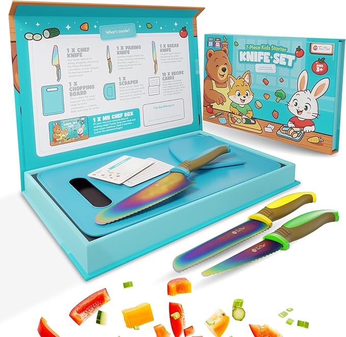 Kids Knife Set for Real Cooking | Skin Safe Chef Set for Ages 3+ with Rainbow Blades, Cutting Board, Scraper, Recipe Cards | Jr Chef Cooking Gift for Teens & Kids (16 Pcs)