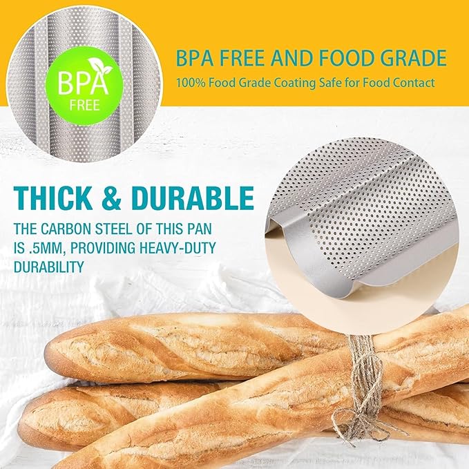 Hesanzol Baguette Pans for Baking 15" x 11", Carbon Steel 3 Loaf Nonstick Baguette Baking Tray for French & Italian Perforated French Bread Pan (2pack - Silver)