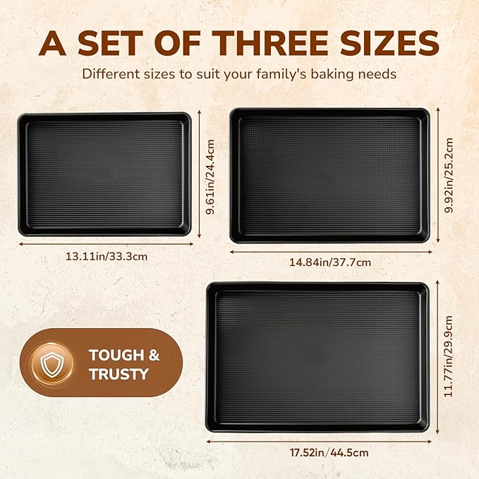 Nonstick Baking Sheet Pan Set of 3, Heavy Duty Cookie Sheets for Oven, 0.6mm Thick Quarter Size & Half Size & Jelly Roll Pan, Rustproof & Easy Clean with Textured Surface(Black)